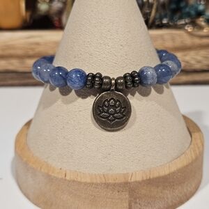 Blue Glass Beaded Bracelet with Lotus Charm Stretchy Women's Jewelry Whimsical